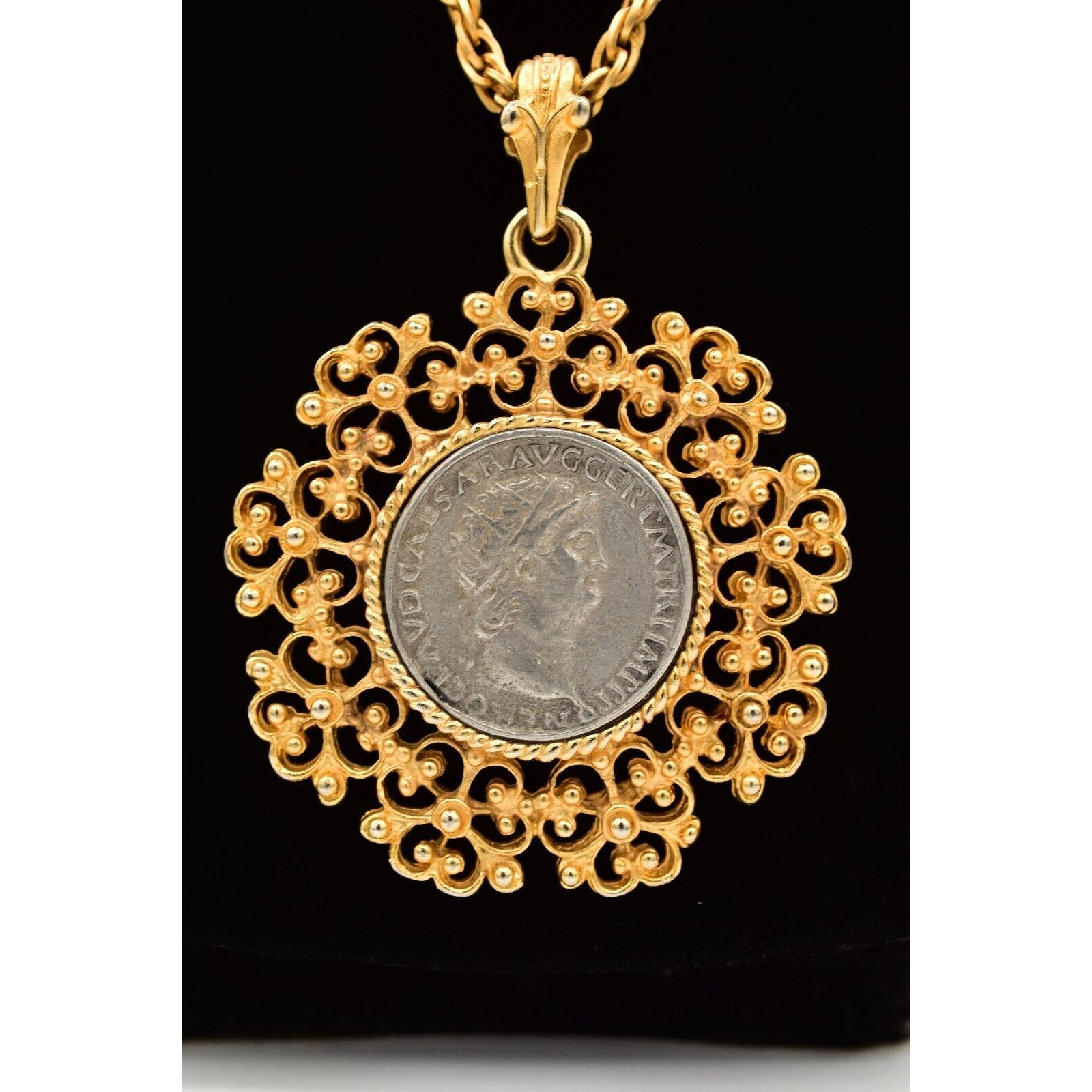 Vintage Caesar Coin Necklace Roman Linked Chain Gold Tone Heavy Chunky Binbe